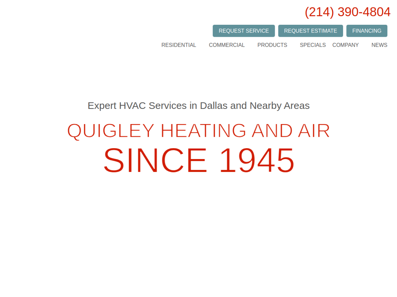 Desktop snapshot of the current Quigley Heating & Air homepage